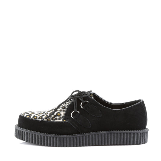 DemoniaCult Mens Low Shoe CREEPER-600 Blk Suede-Cheetah Fur