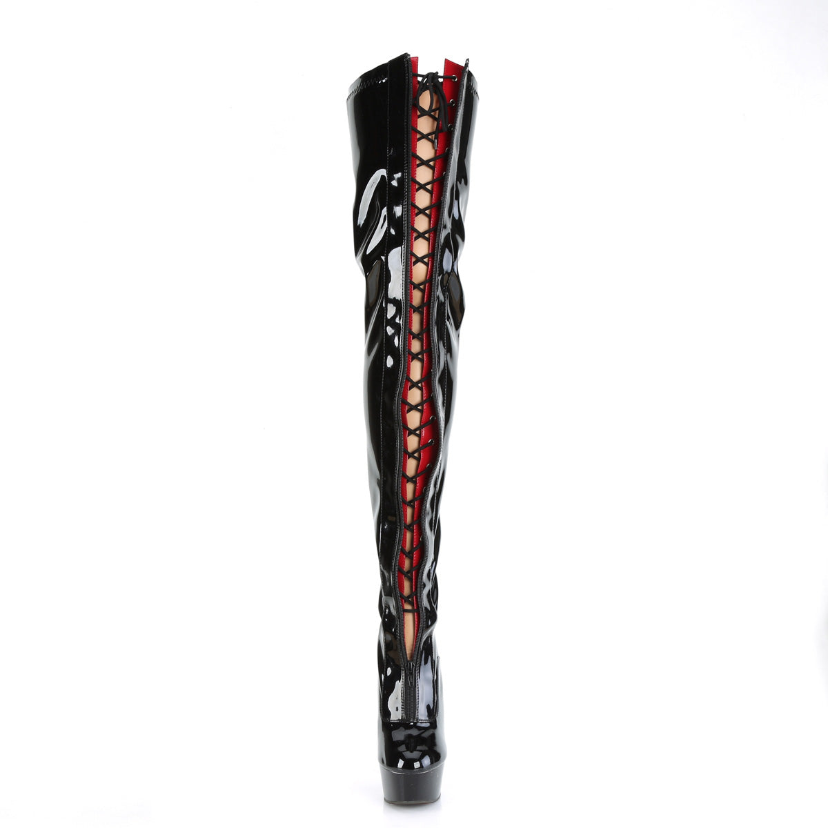 Pleaser Boots DELIGHT-3027 Blk-Red Str. Pat/Blk