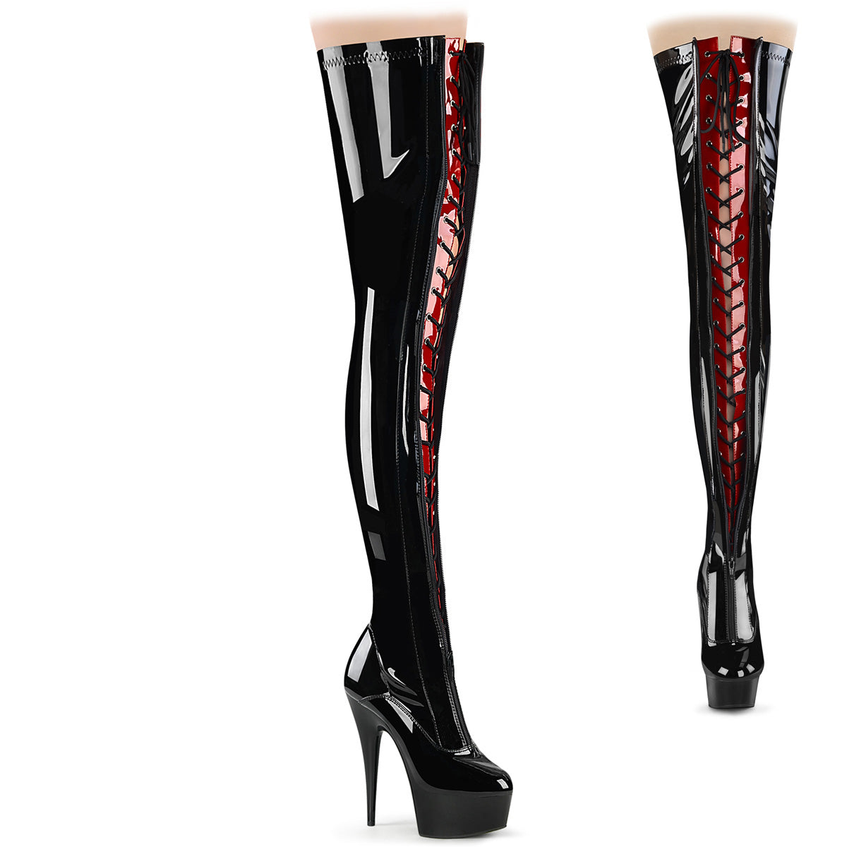 Pleaser Boots DELIGHT-3027 Blk-Red Str. Pat/Blk