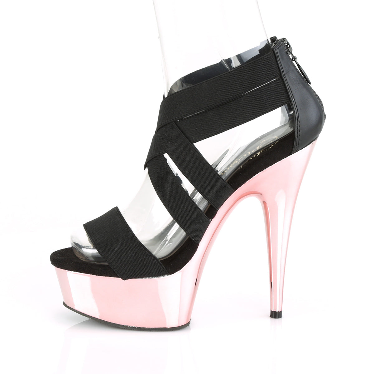 Pleaser Womens Sandals DELIGHT-669 Blk Elastic Band-Faux Le/R. Gold Chrome
