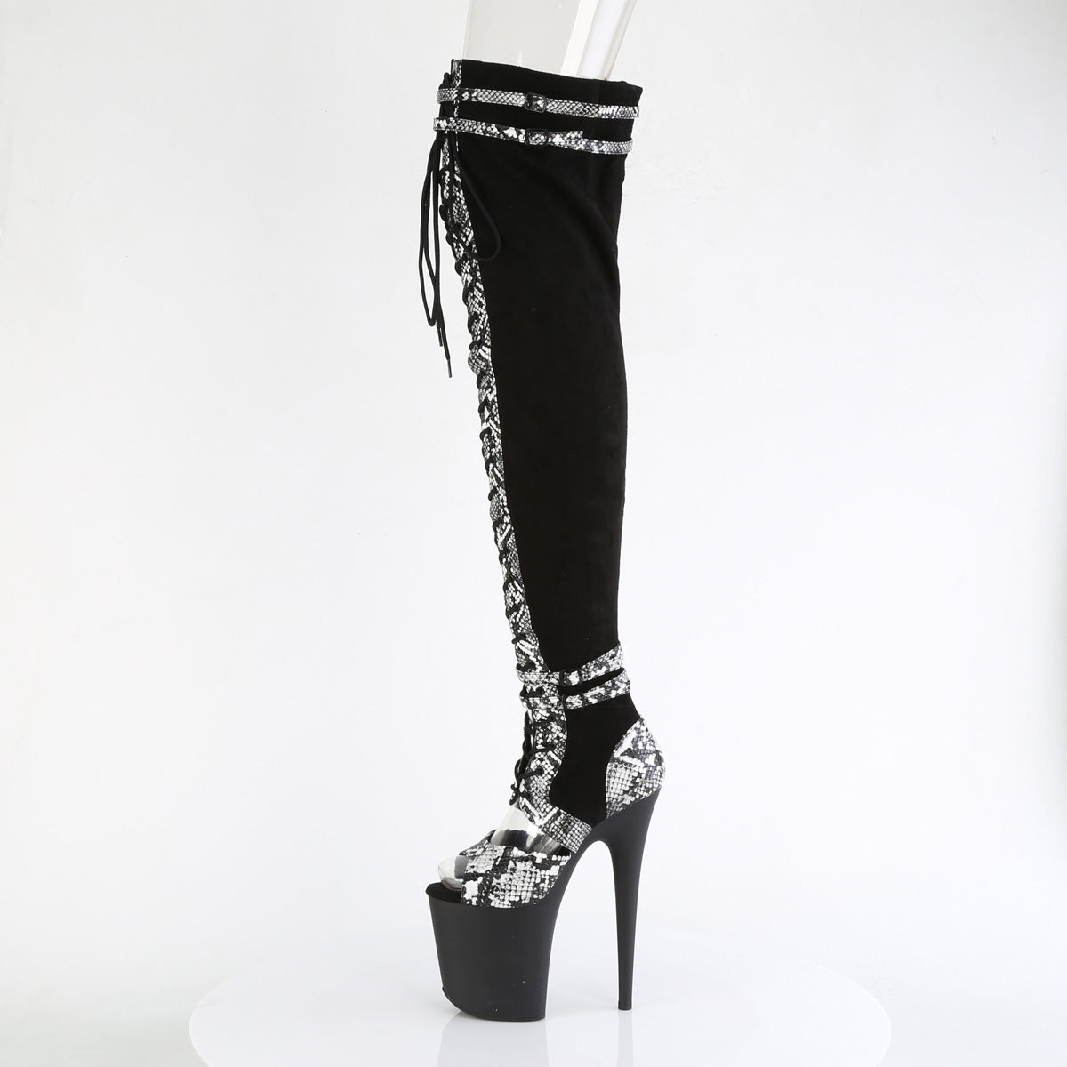 Pleaser Boots FLAMINGO-3027SP Blk Faux Suede-Snake Print Faux Le./Blk Matte