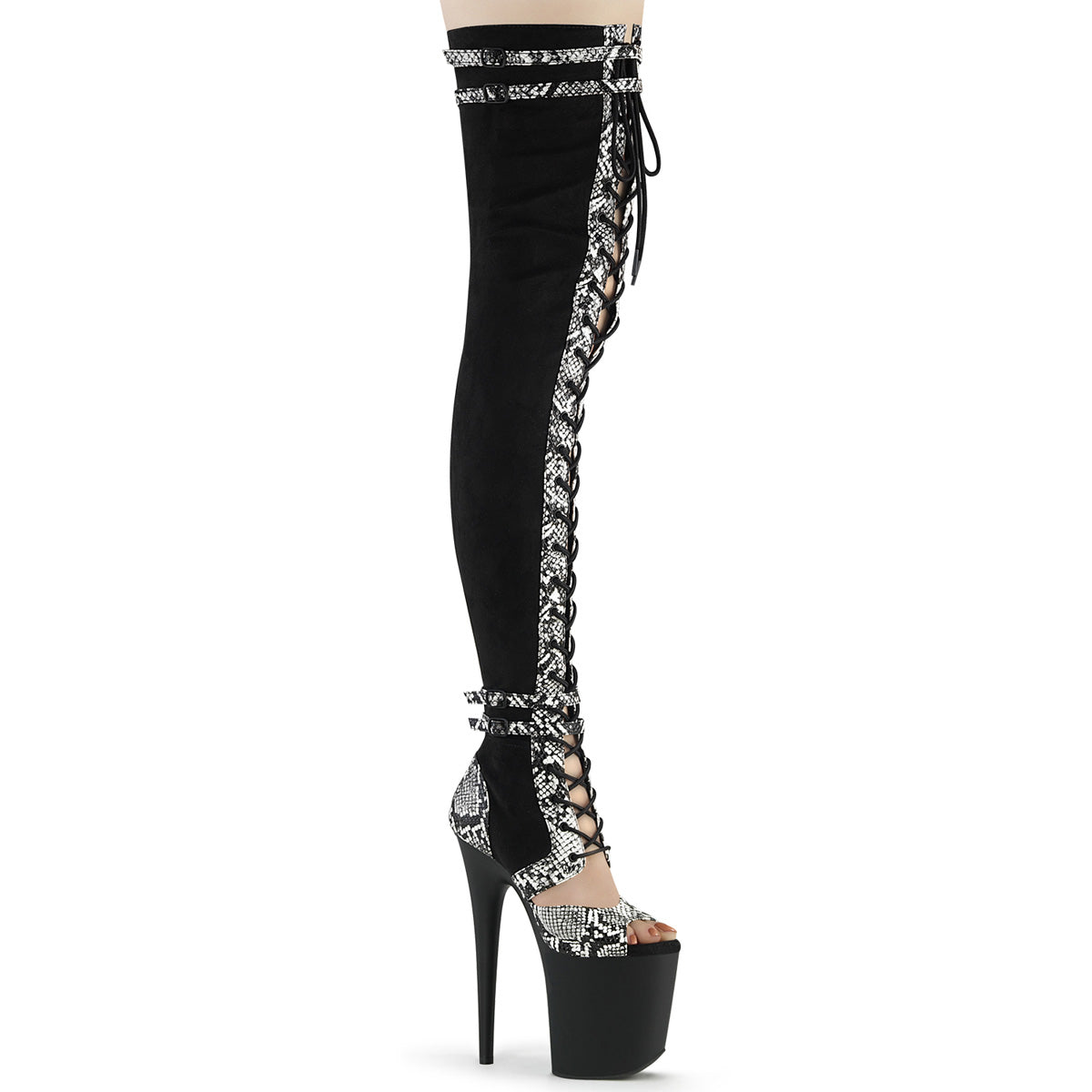 Pleaser Boots FLAMINGO-3027SP Blk Faux Suede-Snake Print Faux Le./Blk Matte