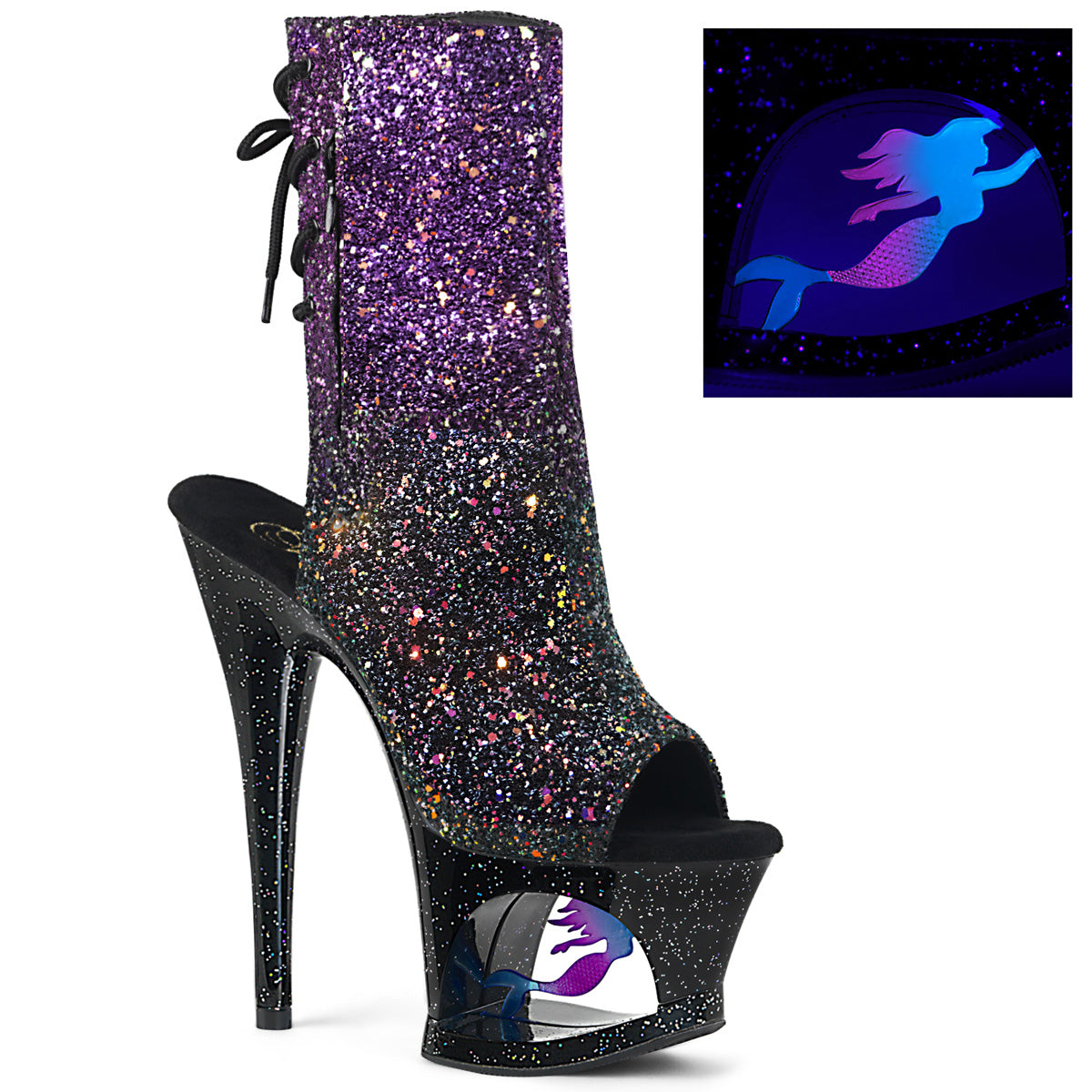Pleaser Womens Ankle Boots MOON-1018MER Purple-Blk Ombre Glitter/Blk