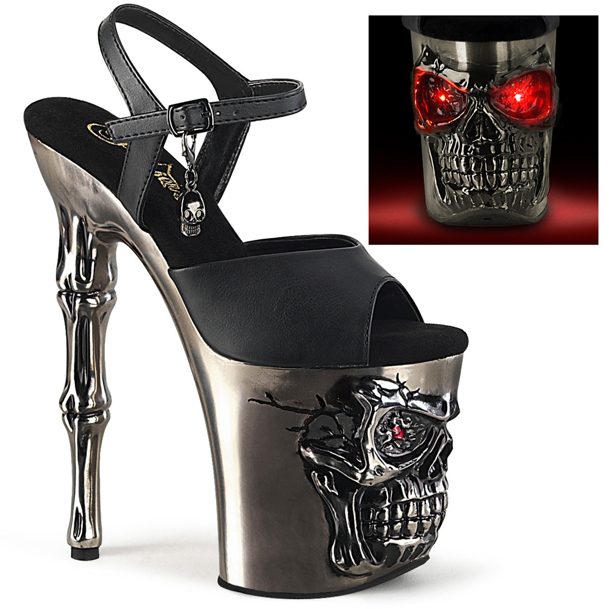 Pleaser Sandals RAPTURE-809-LT Blk Faux Leather/Satin Pewter Chrome