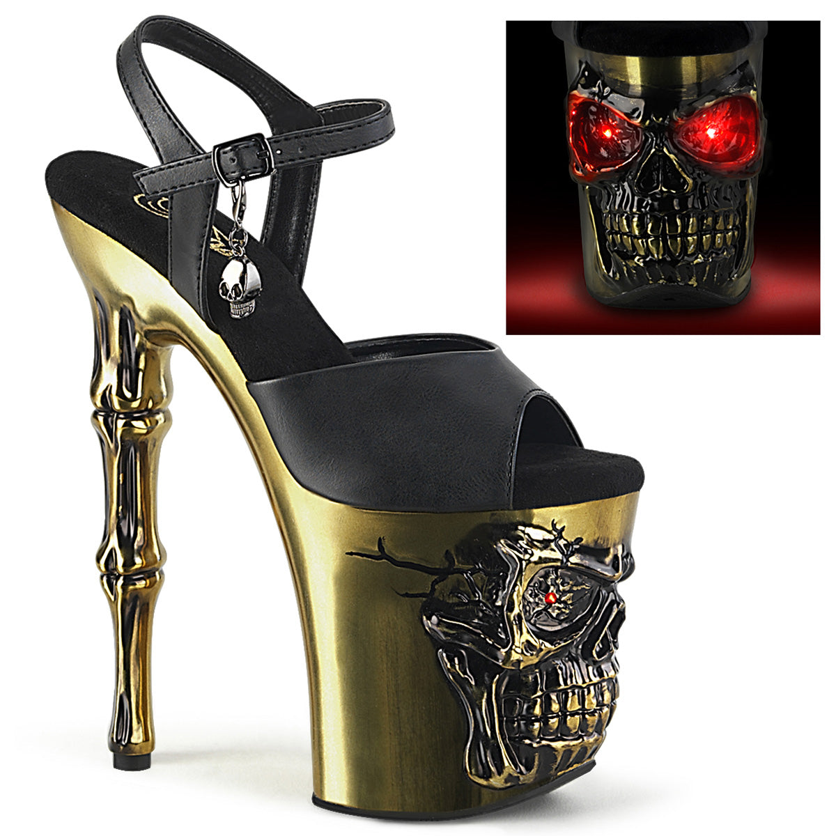 Pleaser Sandals RAPTURE-809-LT Blk Faux Leather/Satin Brass Chrome