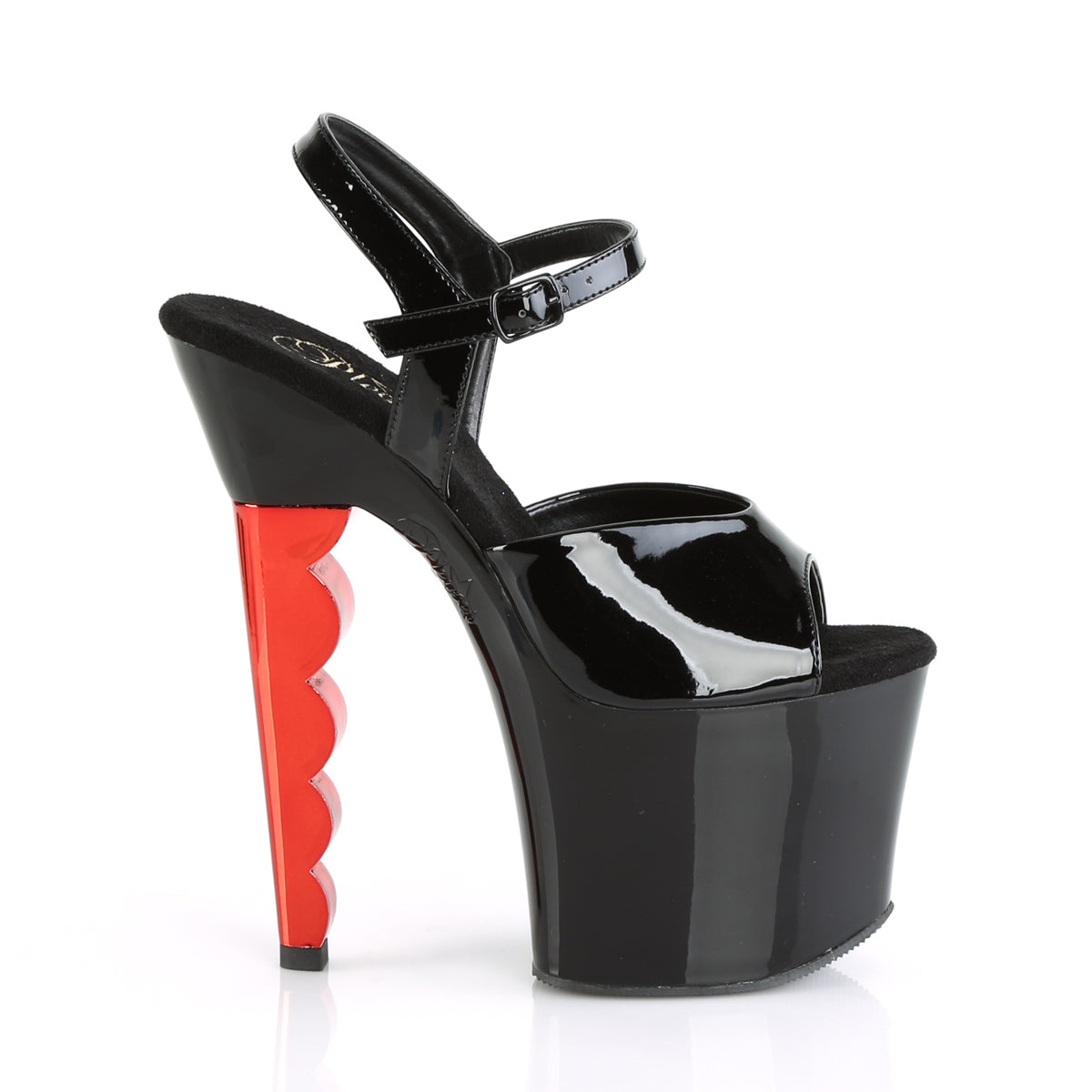 Pleaser Womens Sandals SCALLOP-709CH Blk Pat/Blk-Red Chrome
