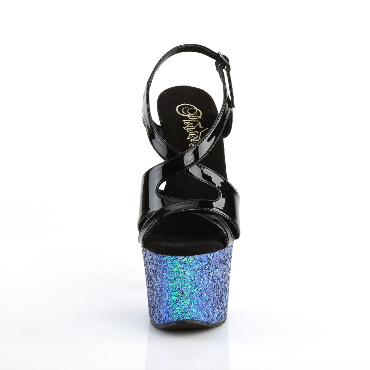 Pleaser Womens Sandals SKY-330LG Blk Pat/Blue Multi Glitter