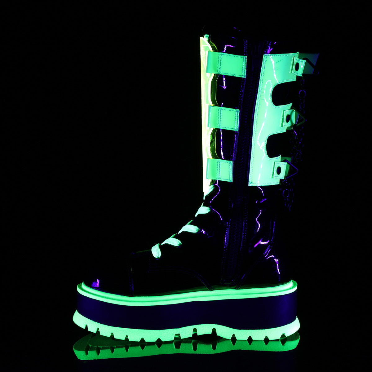 DemoniaCult Boots SLACKER-156 Blk Pat-UV Neon Green