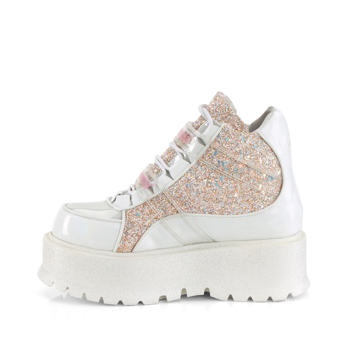 DemoniaCult Ankle Boots SLACKER-50 Wht Holographic Pat-B. Pink Multi Glitter