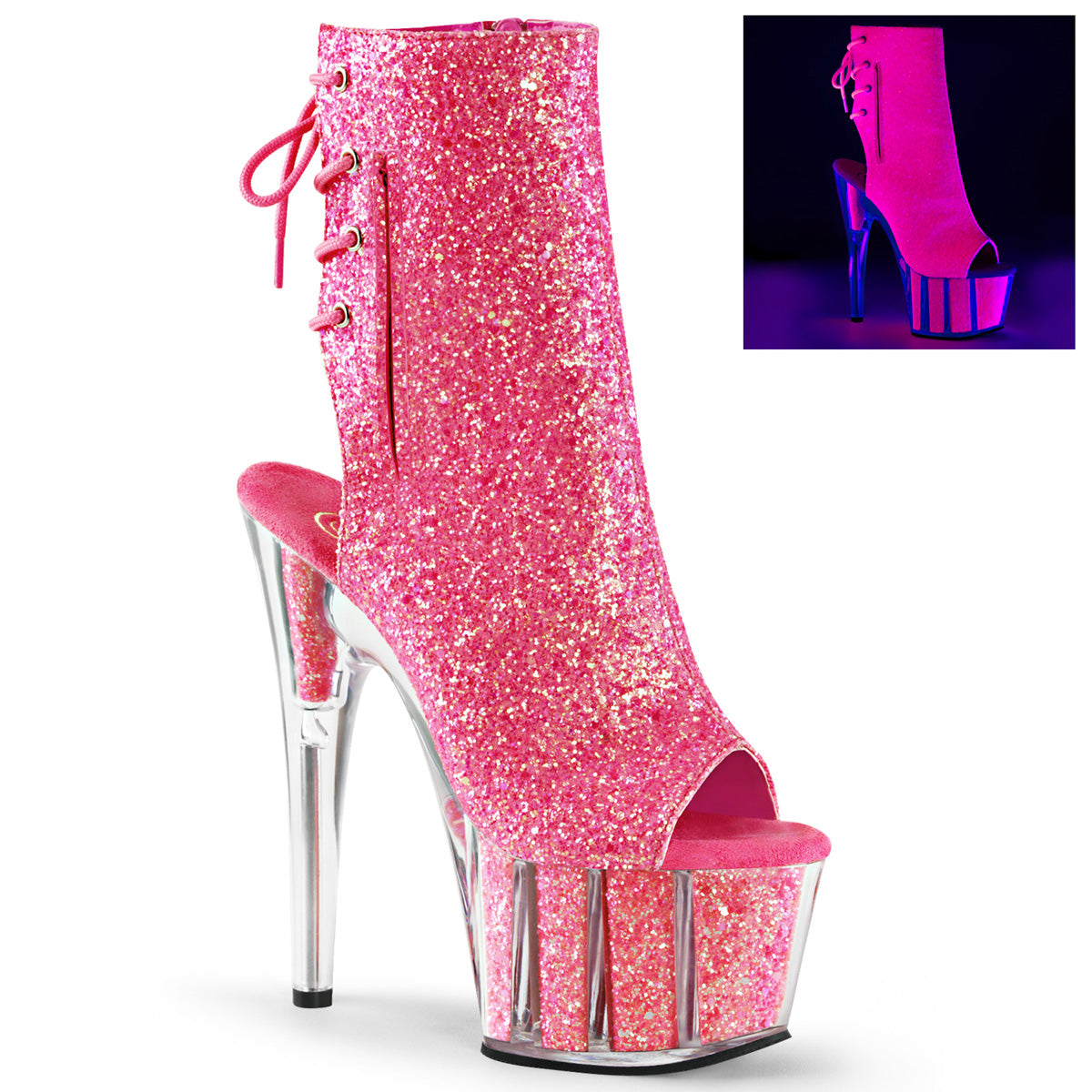 Pleaser Womens Ankle Boots ADORE-1018G Neon Pink Glitter/Neon Pink Glitter