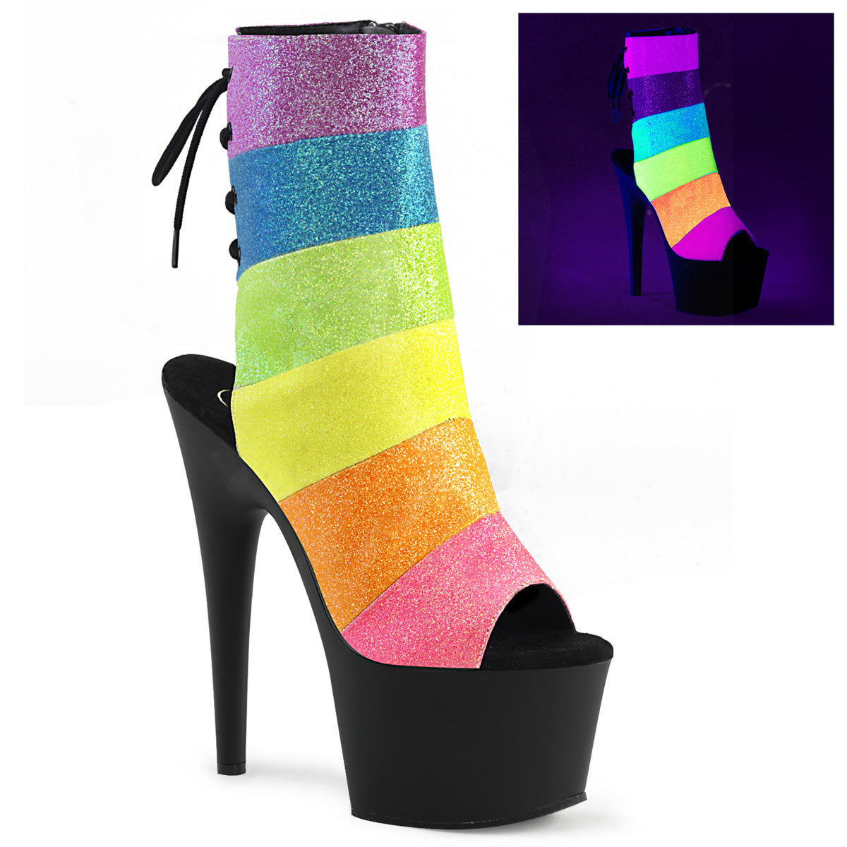 Pleaser Womens Ankle Boots ADORE-1018RBG Rainbow Multi Glitter/Blk