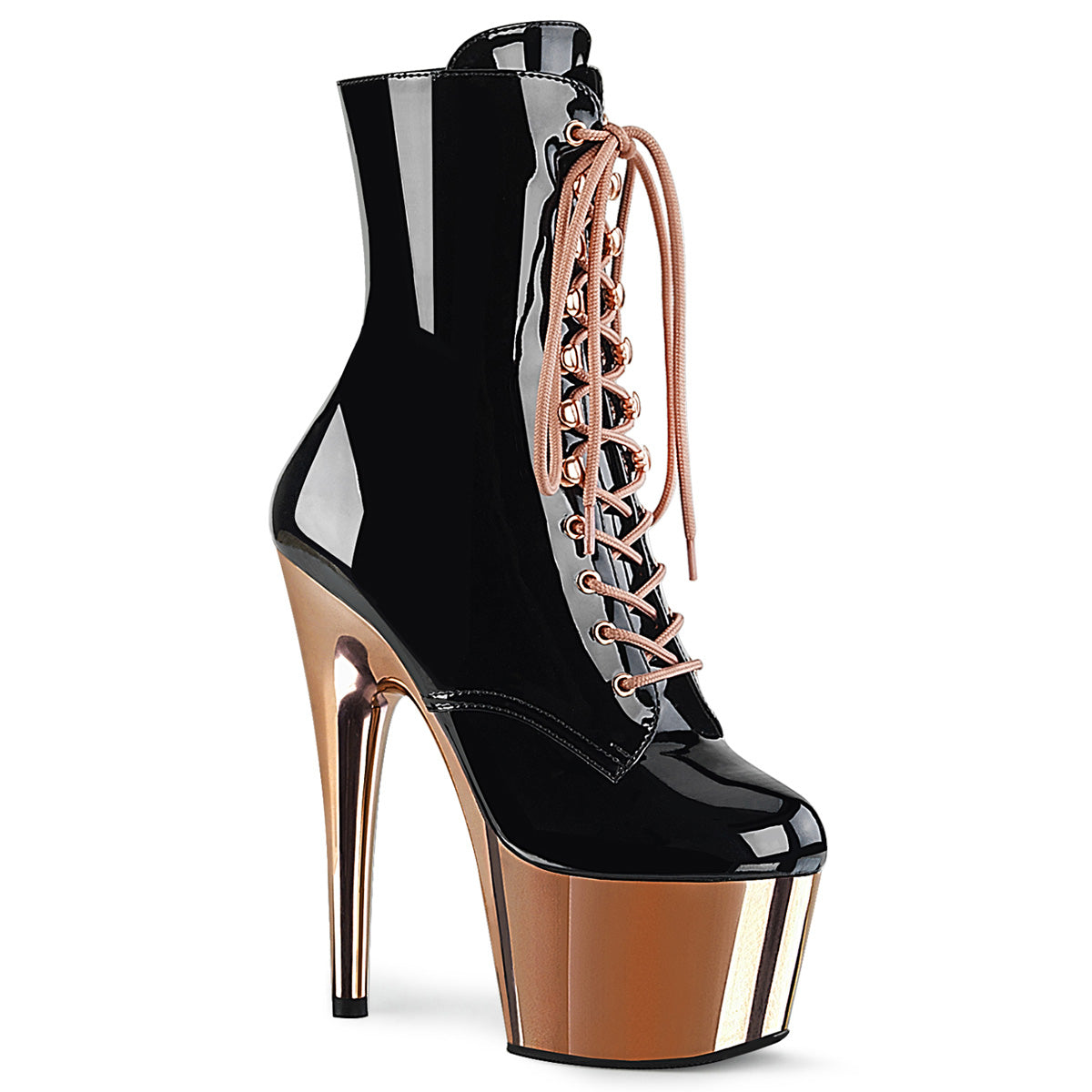 Pleaser Womens Ankle Boots ADORE-1020 Blk Pat/Rose Gold Chrome