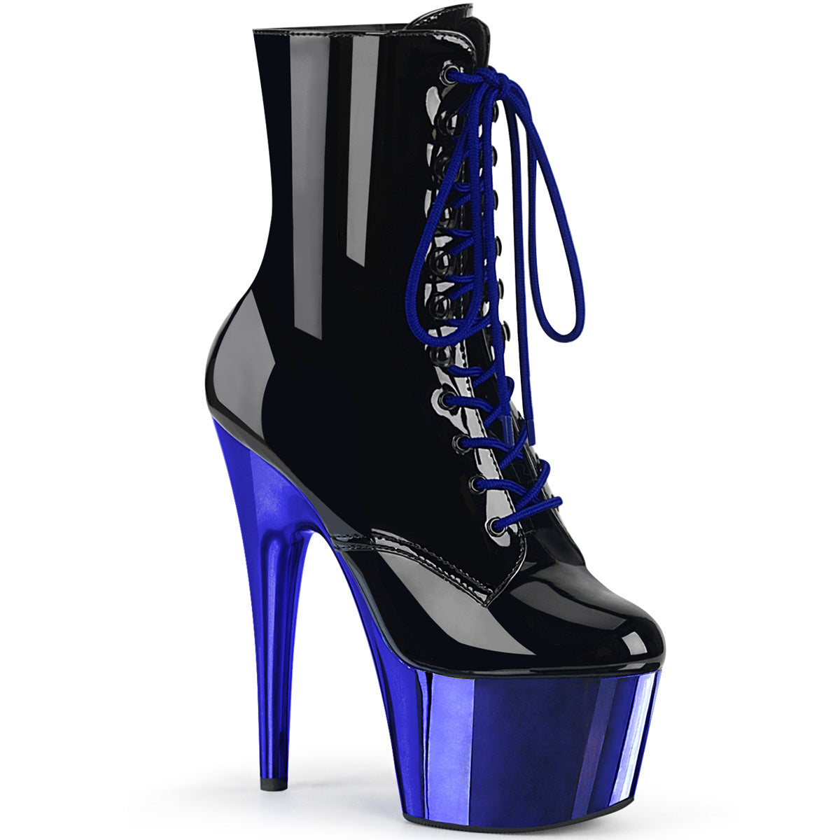 Pleaser Womens Ankle Boots ADORE-1020 Blk Pat/Royal Blue Chrome