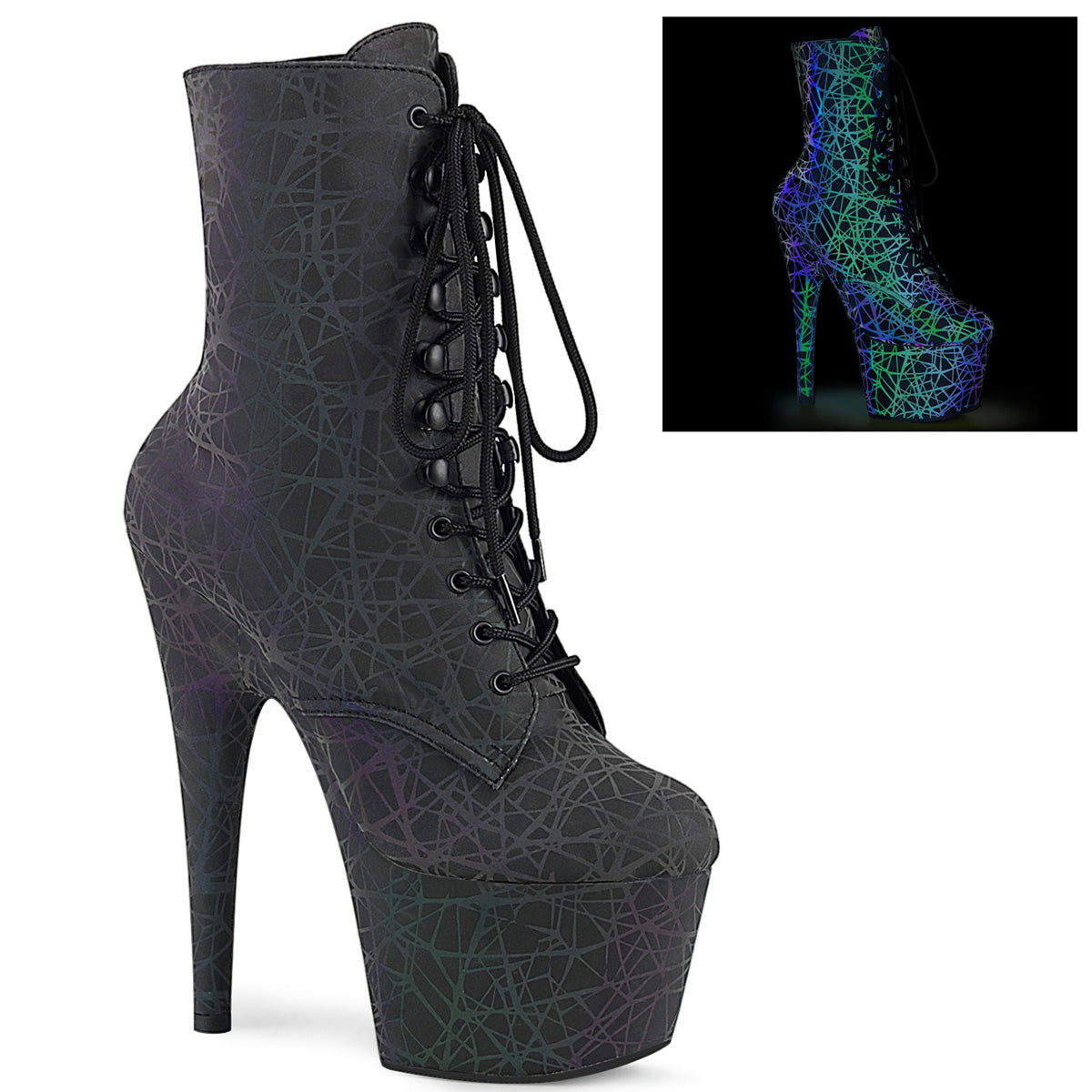 Pleaser Womens Ankle Boots ADORE-1020REFL Green-Purple Refl./Green-Purple Refl.