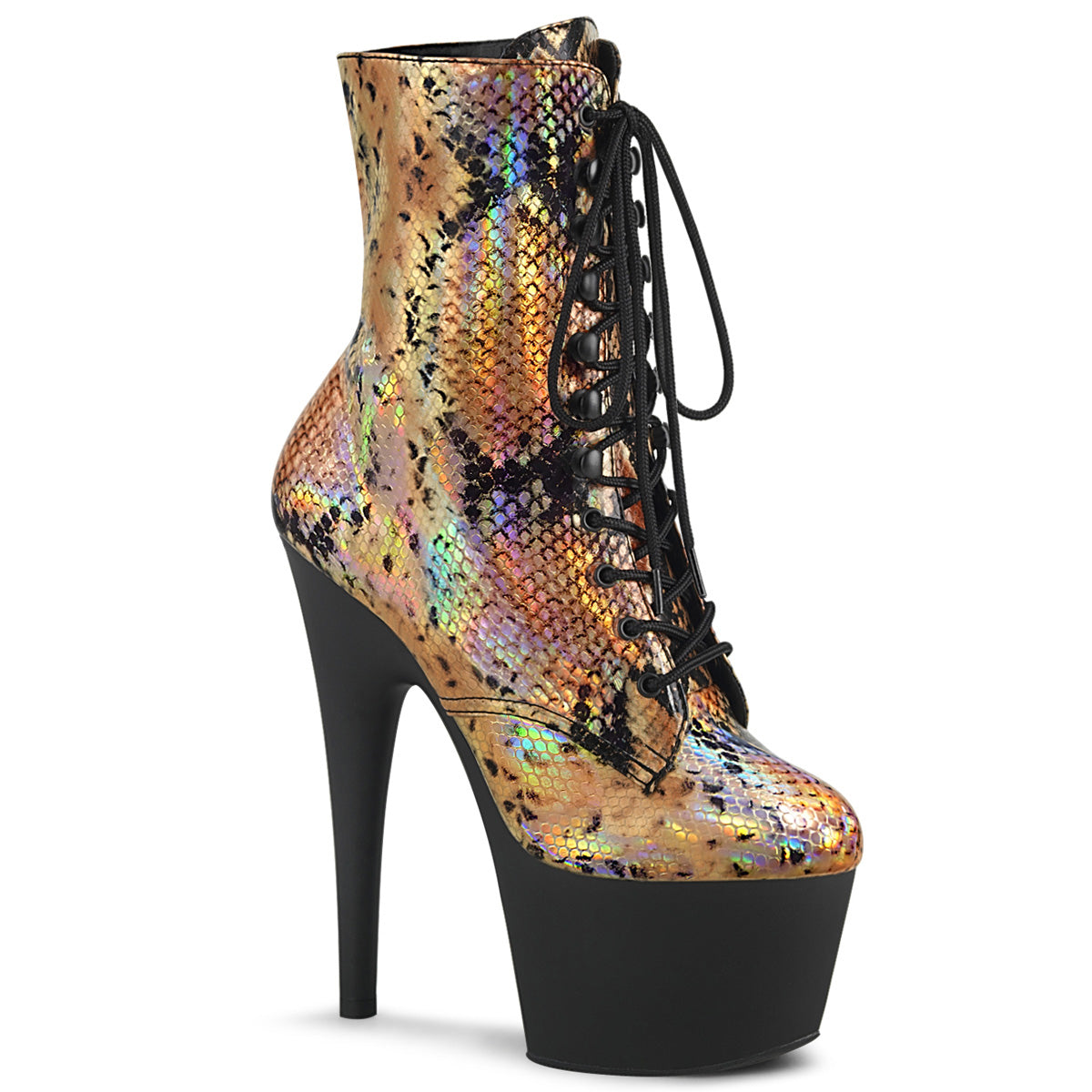 Pleaser Womens Ankle Boots ADORE-1020SP Gold Holo Snake Print/Blk Matte