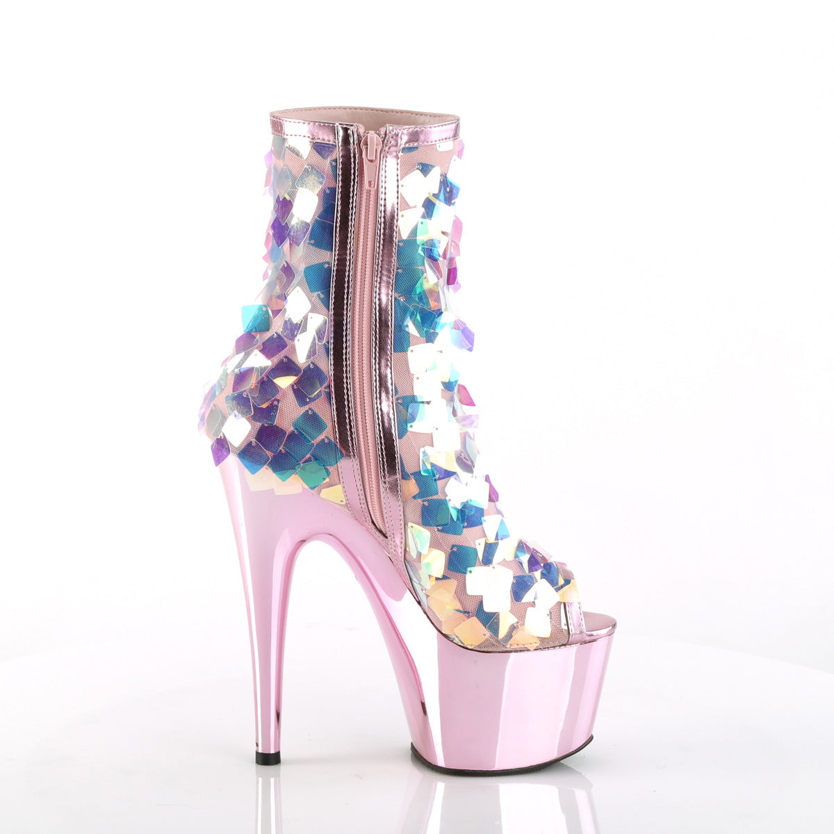 Pleaser Womens Ankle Boots ADORE-1031SSQ Iri.Opal Sequin-B.Pink Met Pu/B.Pink Chrome