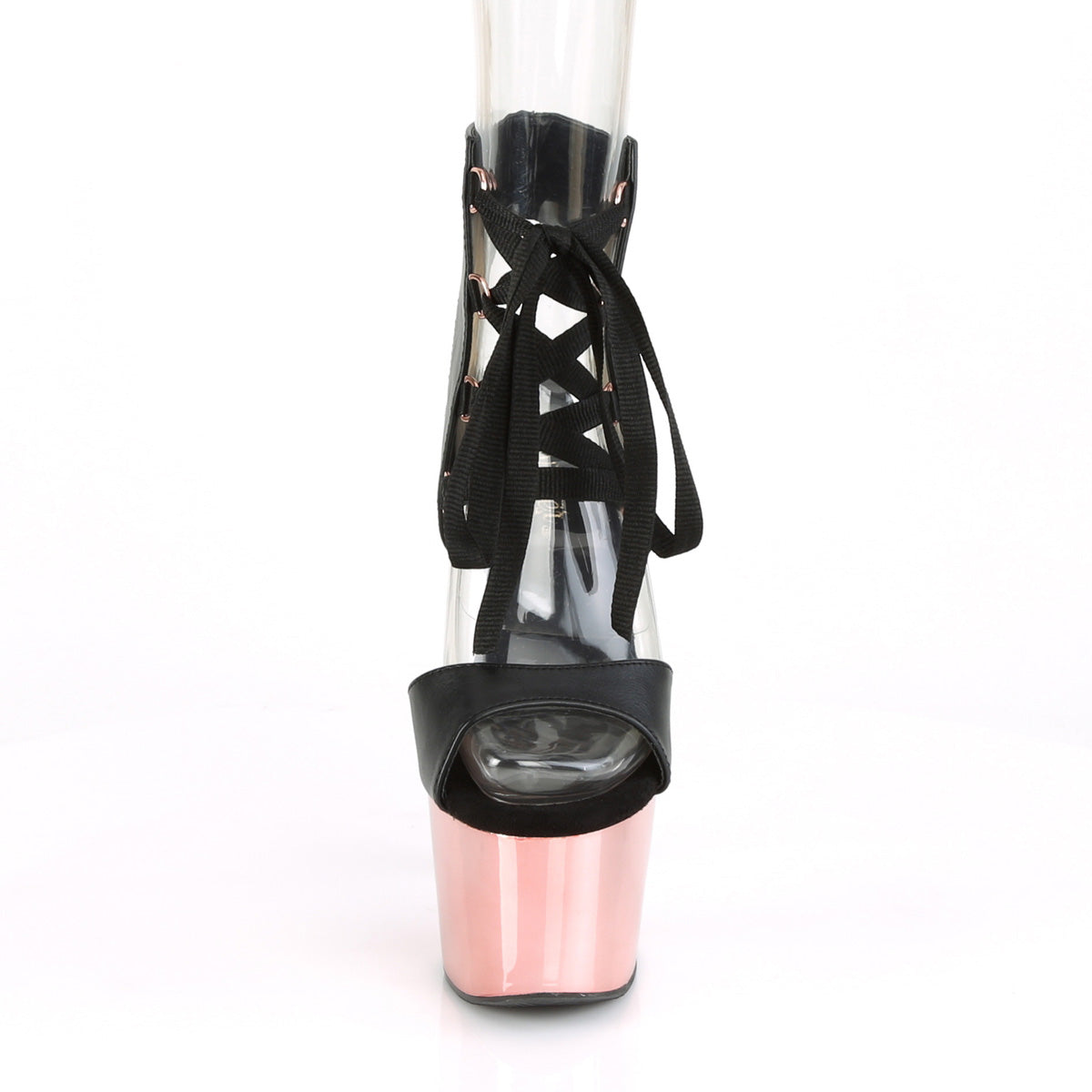Pleaser Womens Sandals ADORE-700-14 Blk Faux Leather/Rose Gold Chrome