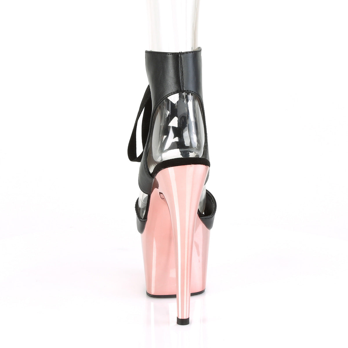 Pleaser Womens Sandals ADORE-700-14 Blk Faux Leather/Rose Gold Chrome