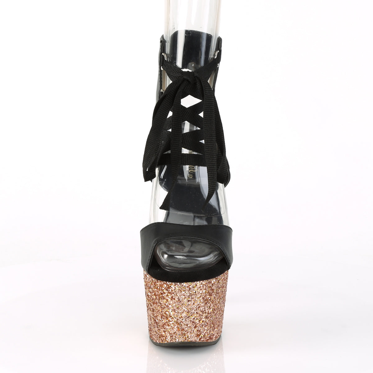 Pleaser Womens Sandals ADORE-700-14LG Blk Faux Leather/Rose Gold Multi Glitter