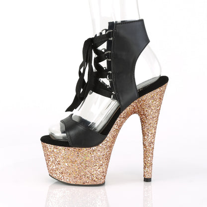 Pleaser Womens Sandals ADORE-700-14LG Blk Faux Leather/Rose Gold Multi Glitter