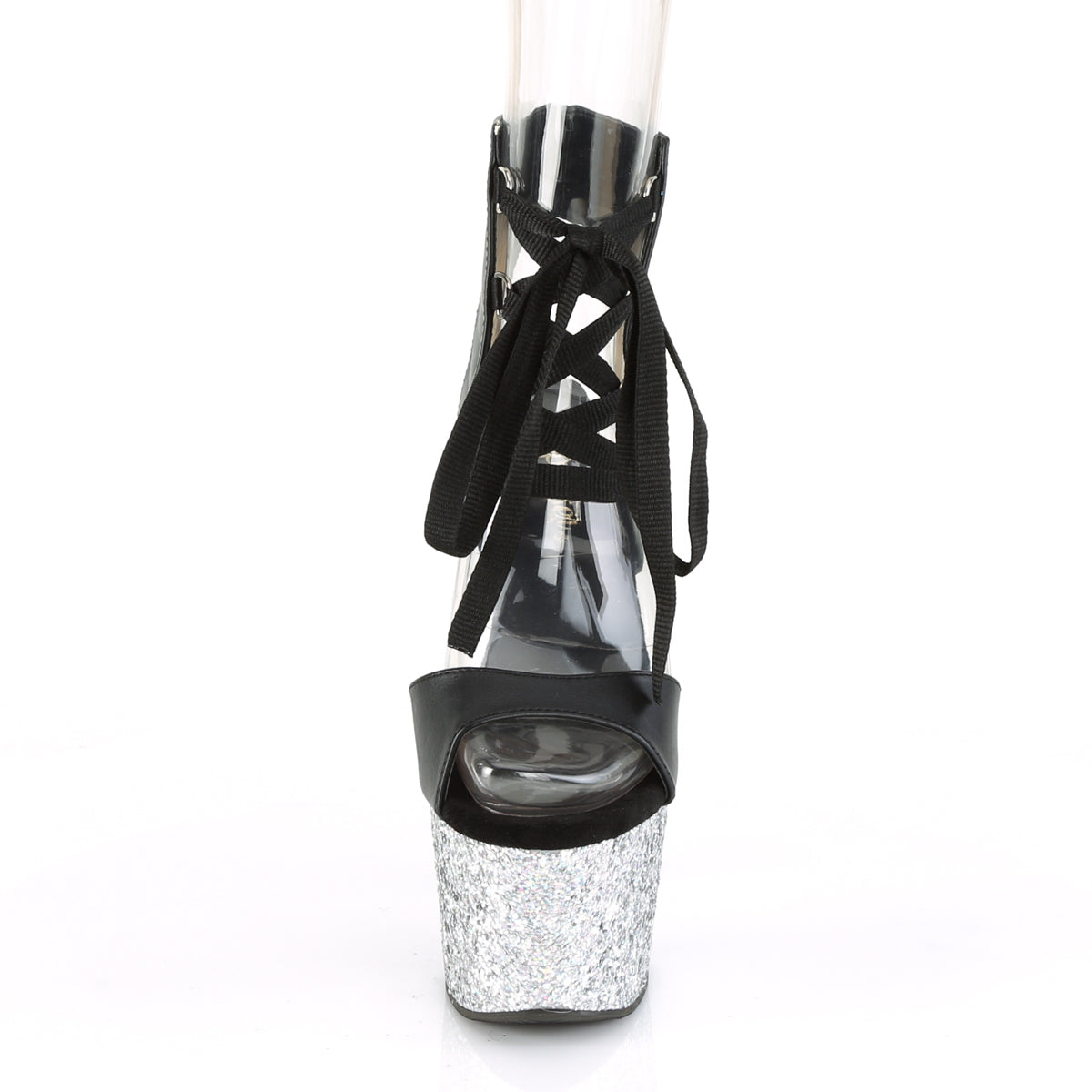 Pleaser Womens Sandals ADORE-700-14LG Blk Faux Leather/Slv Multi Glitter