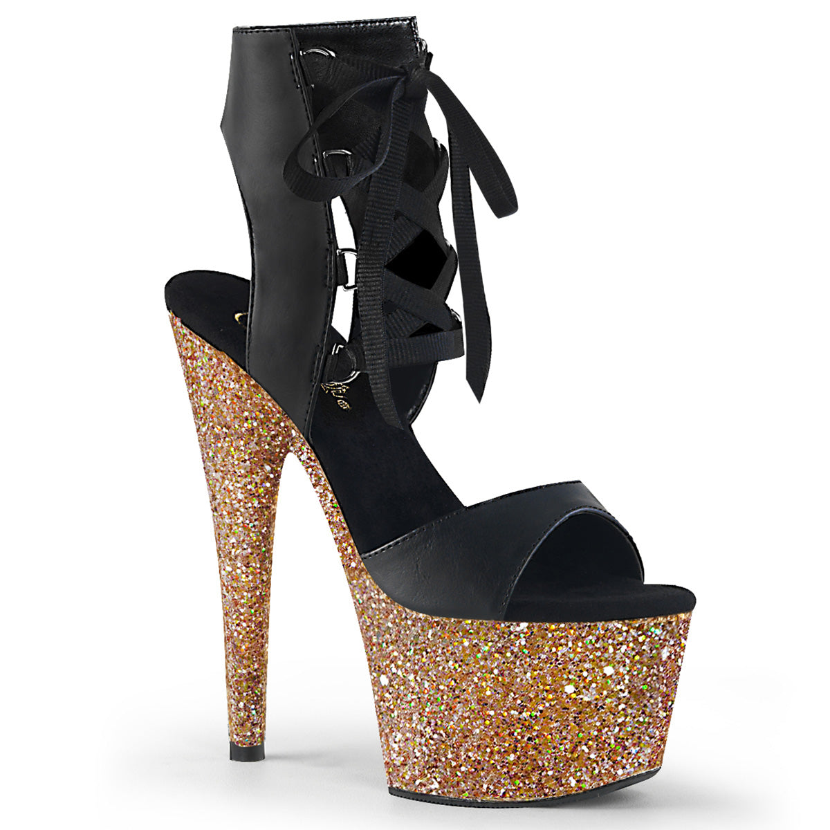 Pleaser Womens Sandals ADORE-700-14LG Blk Faux Leather/Rose Gold Multi Glitter