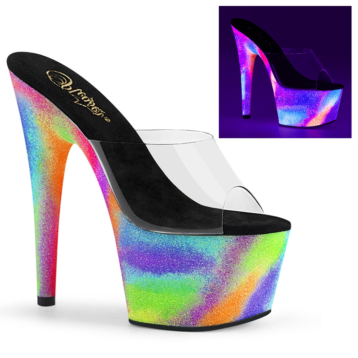 Pleaser Womens Sandals ADORE-701GXY Clr/Neon Galaxy Mini Glitter