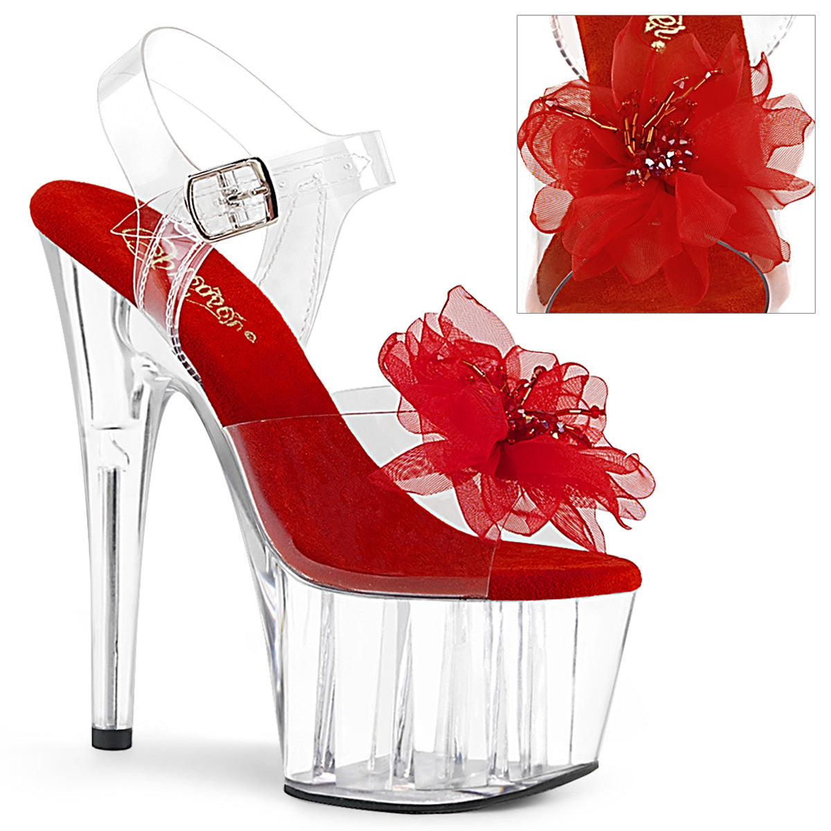 Pleaser Womens Sandals ADORE-708BFL Clr-Red/Clr