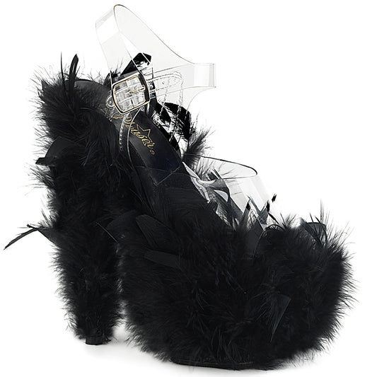 Pleaser Womens Sandals ADORE-708F Clr/Blk Marabou Feather