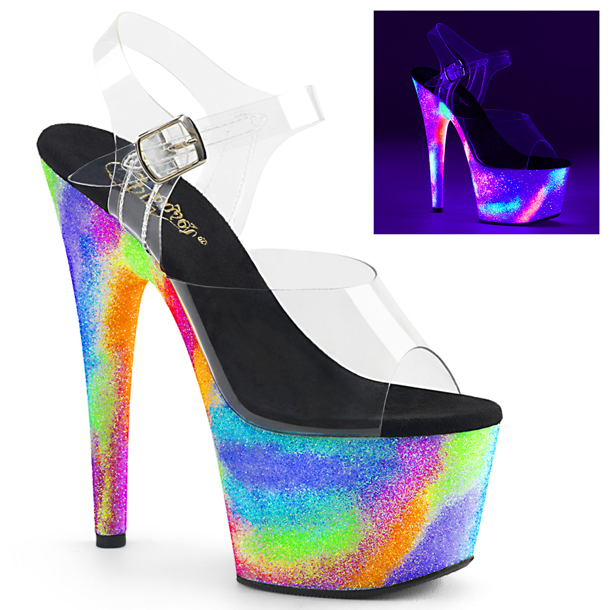 Pleaser Womens Sandals ADORE-708GXY Clr/Neon Galaxy Glitter