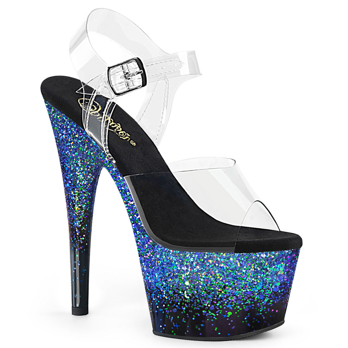 Pleaser Womens Sandals ADORE-708SS Clr/Blk-Blue Multi Glitter