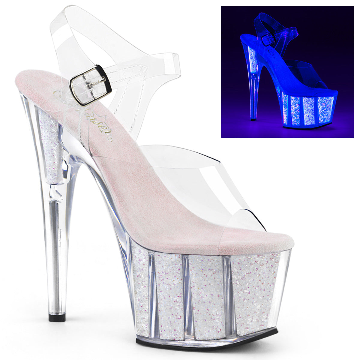Pleaser Womens Sandals ADORE-708UVG Clr/Neon Opal Glitter