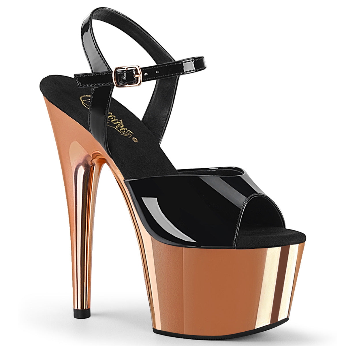 Pleaser Womens Sandals ADORE-709 Blk Pat/Rose Gold Chrome