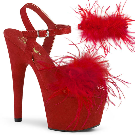 Pleaser Womens Sandals ADORE-709F Red Faux Suede-Feather/Red Faux Suede