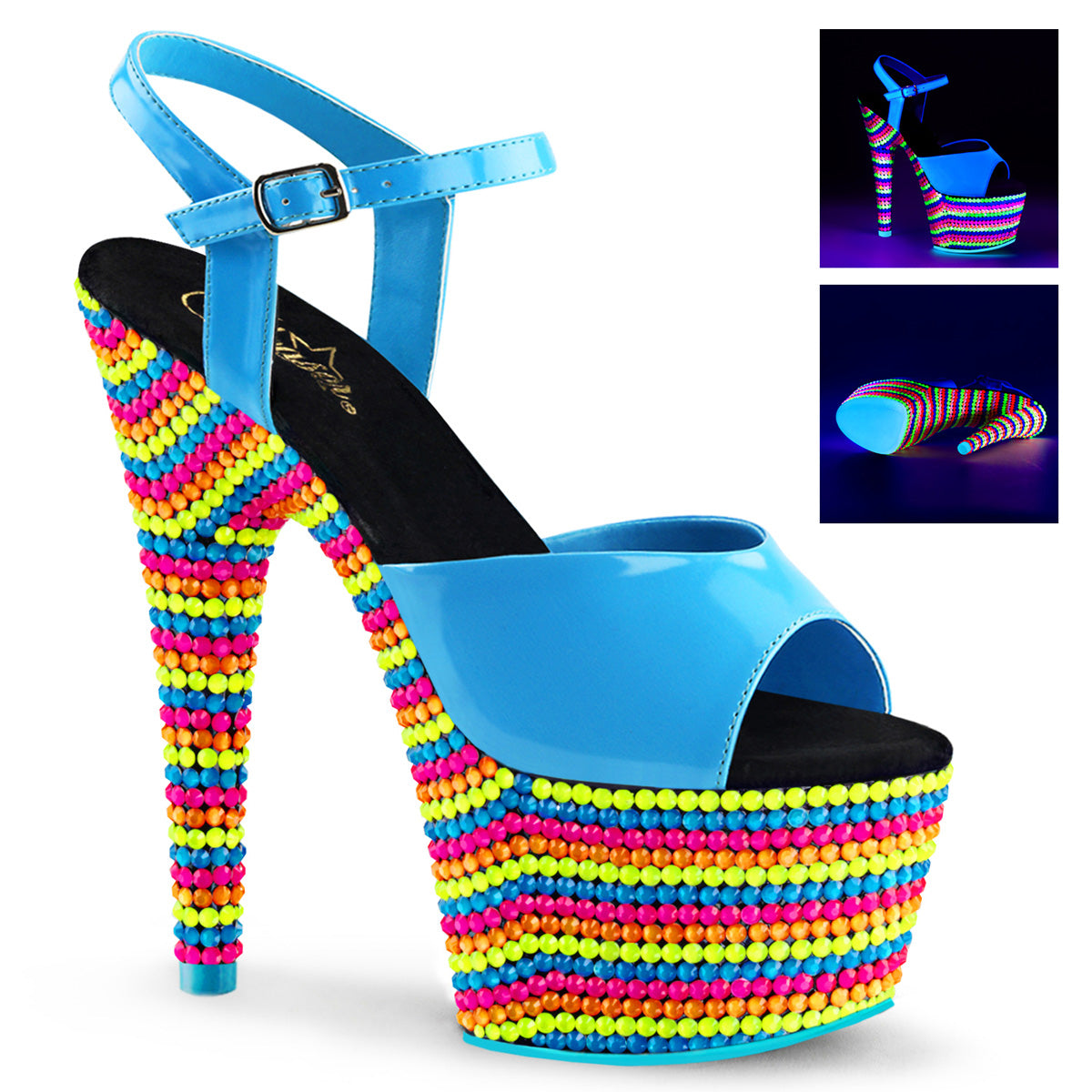 Pleaser Womens Sandals ADORE-709RBS Neon Blue Pat/Neon Multi