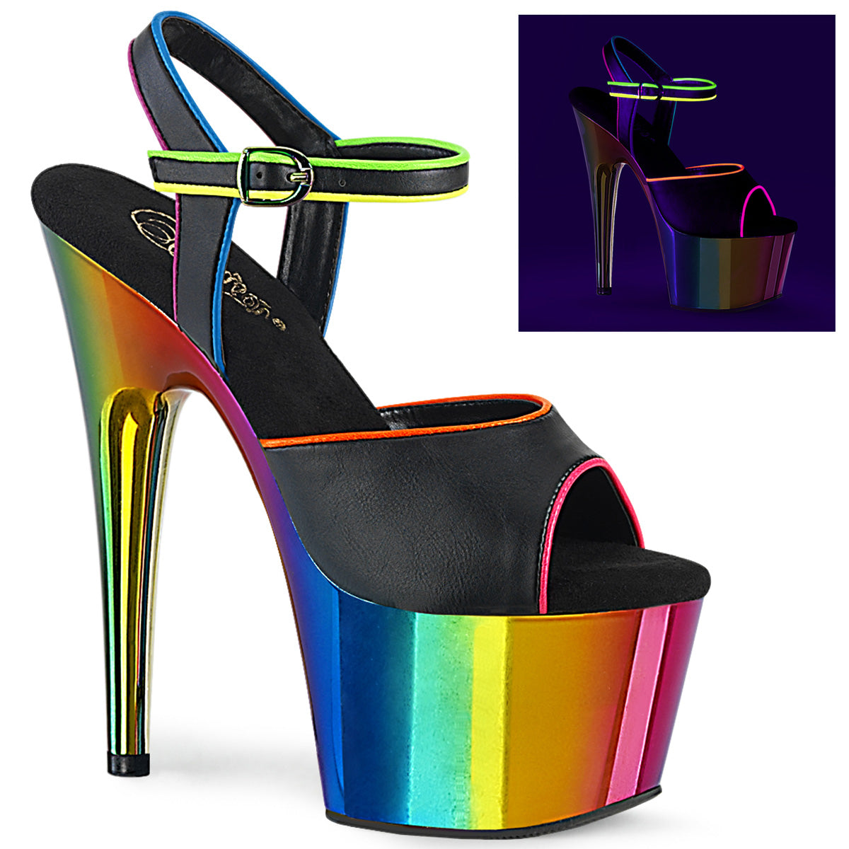 Pleaser Womens Sandals ADORE-709RC-02 Blk Faux Leather/Rainbow Chrome