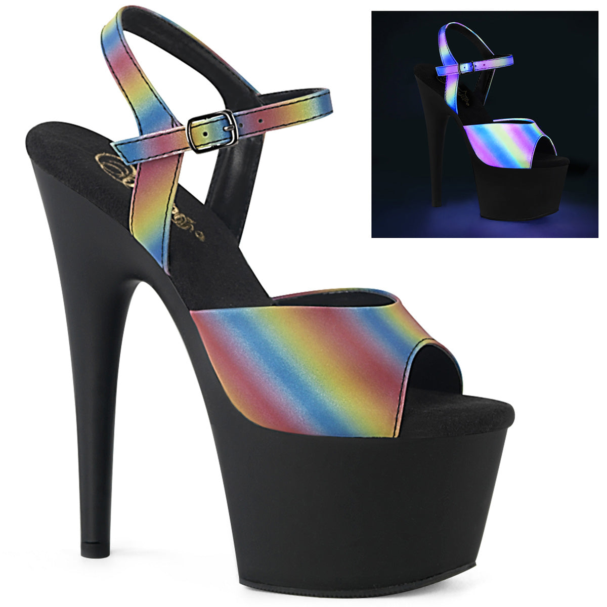 Pleaser Womens Sandals ADORE-709REFL-02 Rainbow Reflective/Blk Matte