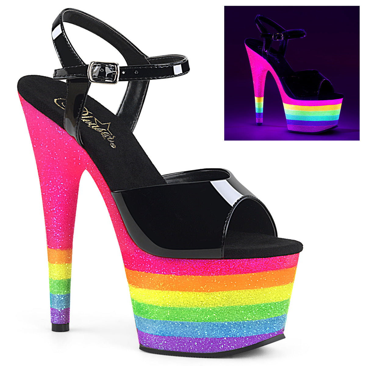 Pleaser Womens Sandals ADORE-709UVRB Blk/Neon Rainbow Glitter