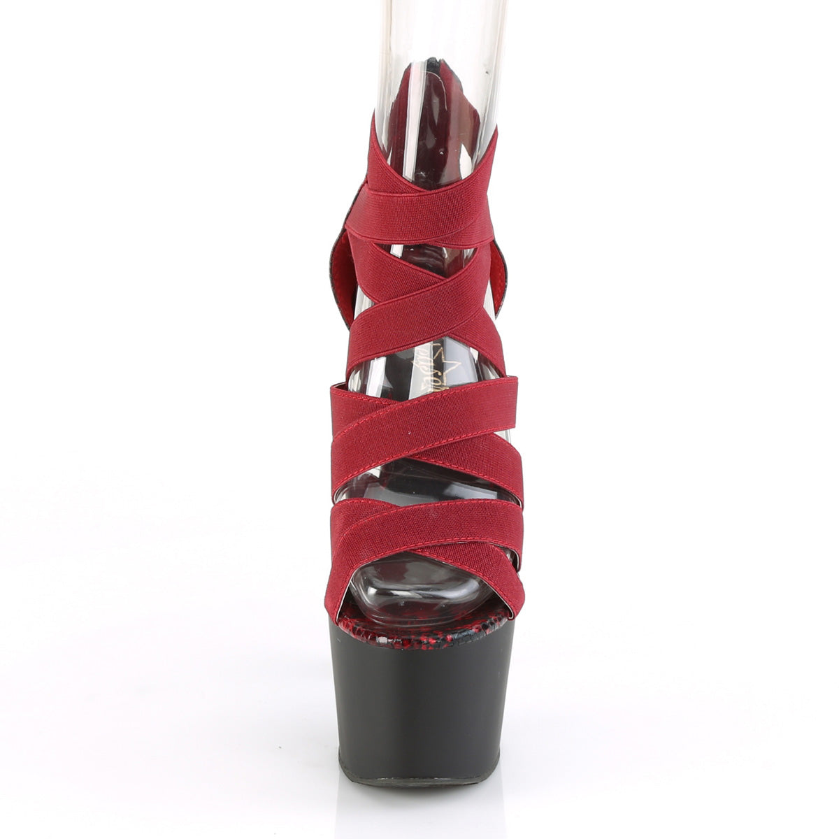 Pleaser Womens Sandals ADORE-748SP Wine Elastic Band-Snake Print Pat/Blk Matte