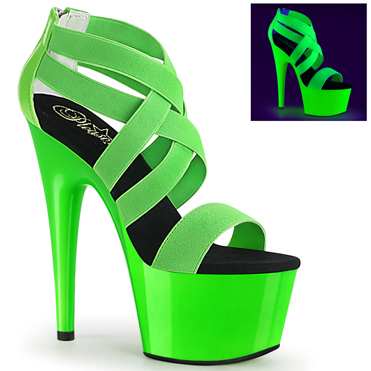 Pleaser Womens Sandals ADORE-769UV Neon Green Elastic Band-Patent/Neon Green