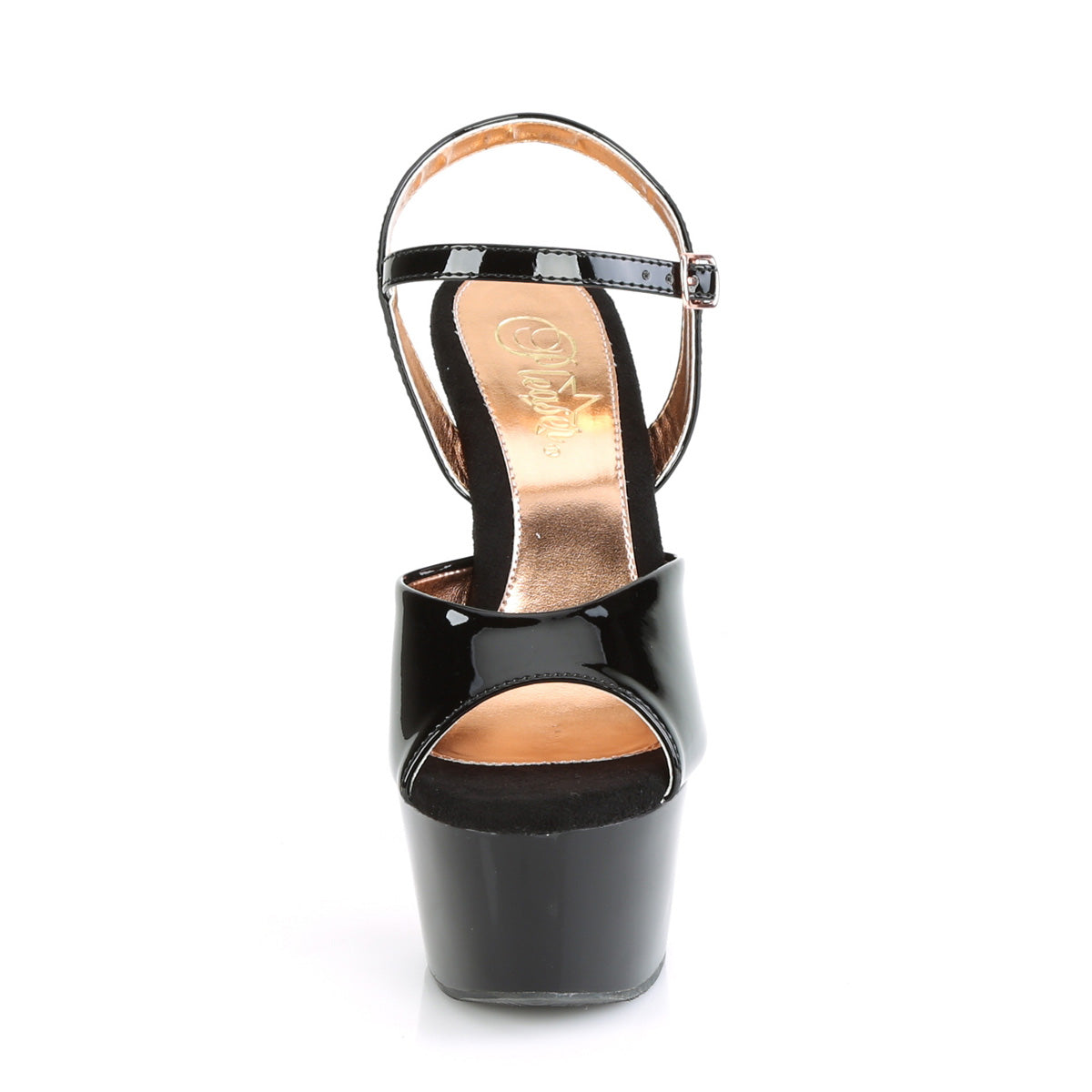 Pleaser Womens Sandals ASPIRE-609TT Blk Pat/Blk-Rose Gold Chrome
