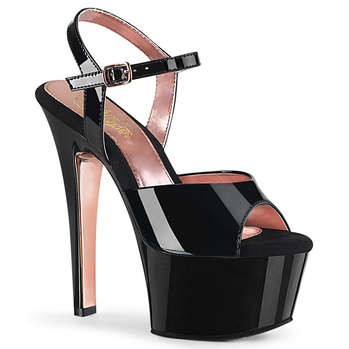 Pleaser Womens Sandals ASPIRE-609TT Blk Pat/Blk-Rose Gold Chrome