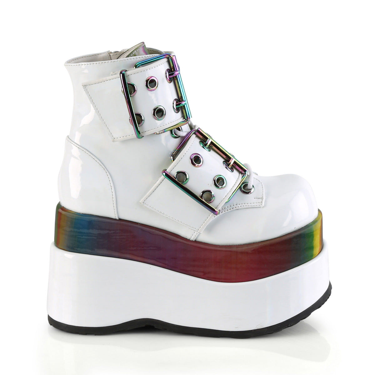DemoniaCult Womens Ankle Boots BEAR-104 Wht Patent-Rainbow Reflective