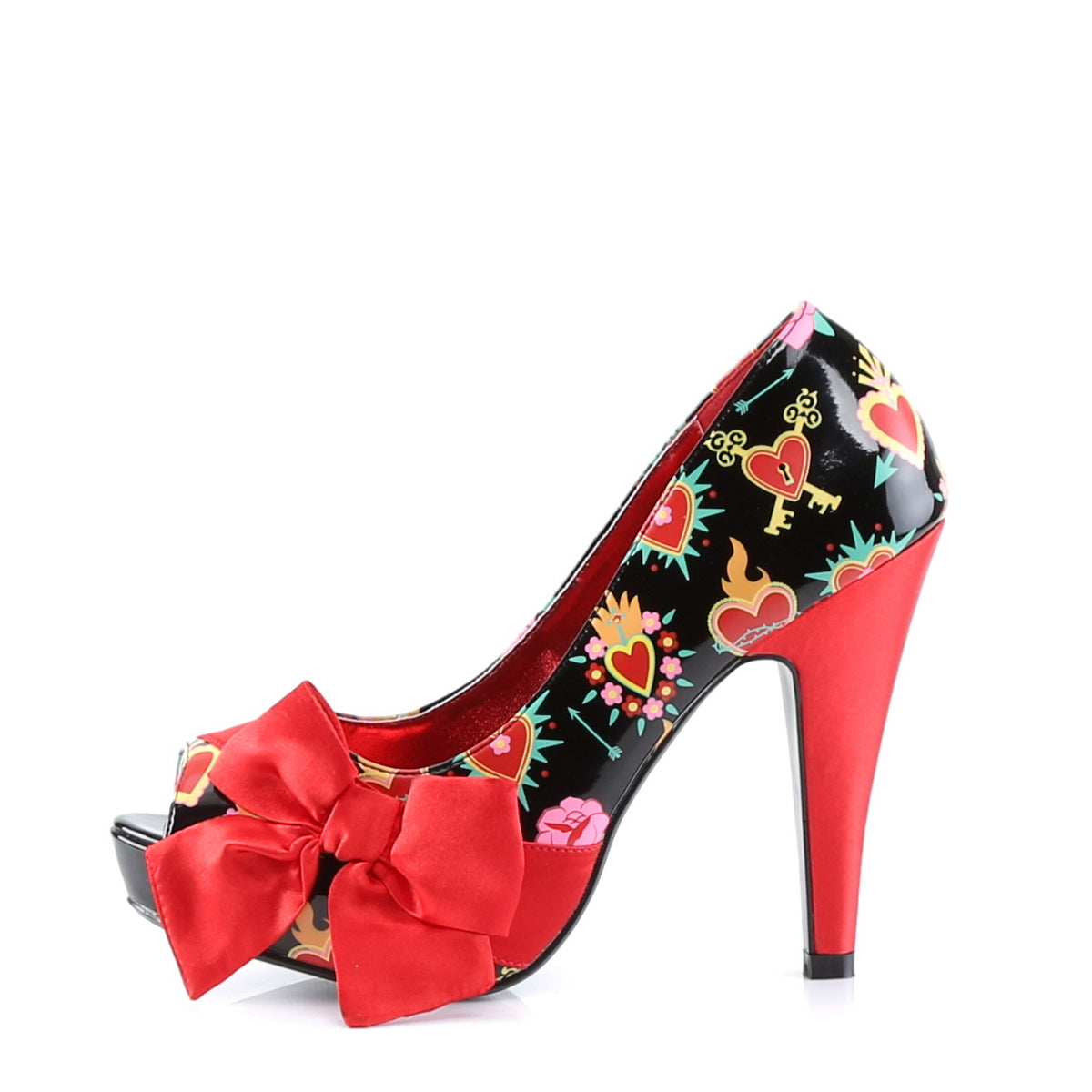 Pin Up Couture Womens Pumps BETTIE-13 Blk Pat-Red Satin (Sacred Hearts)