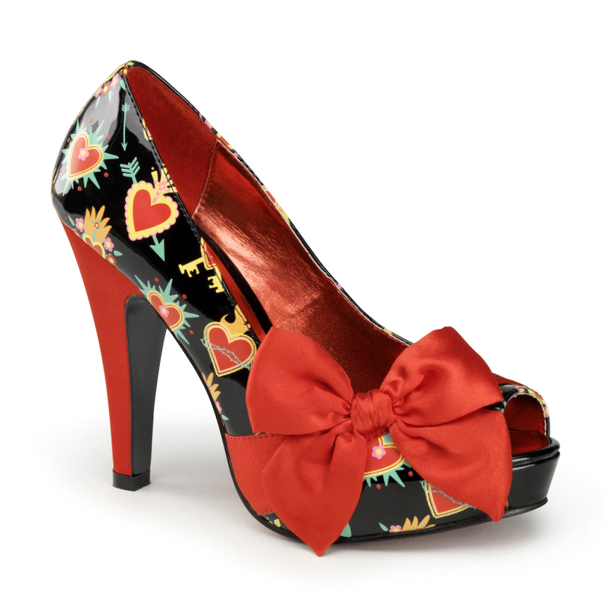Pin Up Couture Womens Pumps BETTIE-13 Blk Pat-Red Satin (Sacred Hearts)
