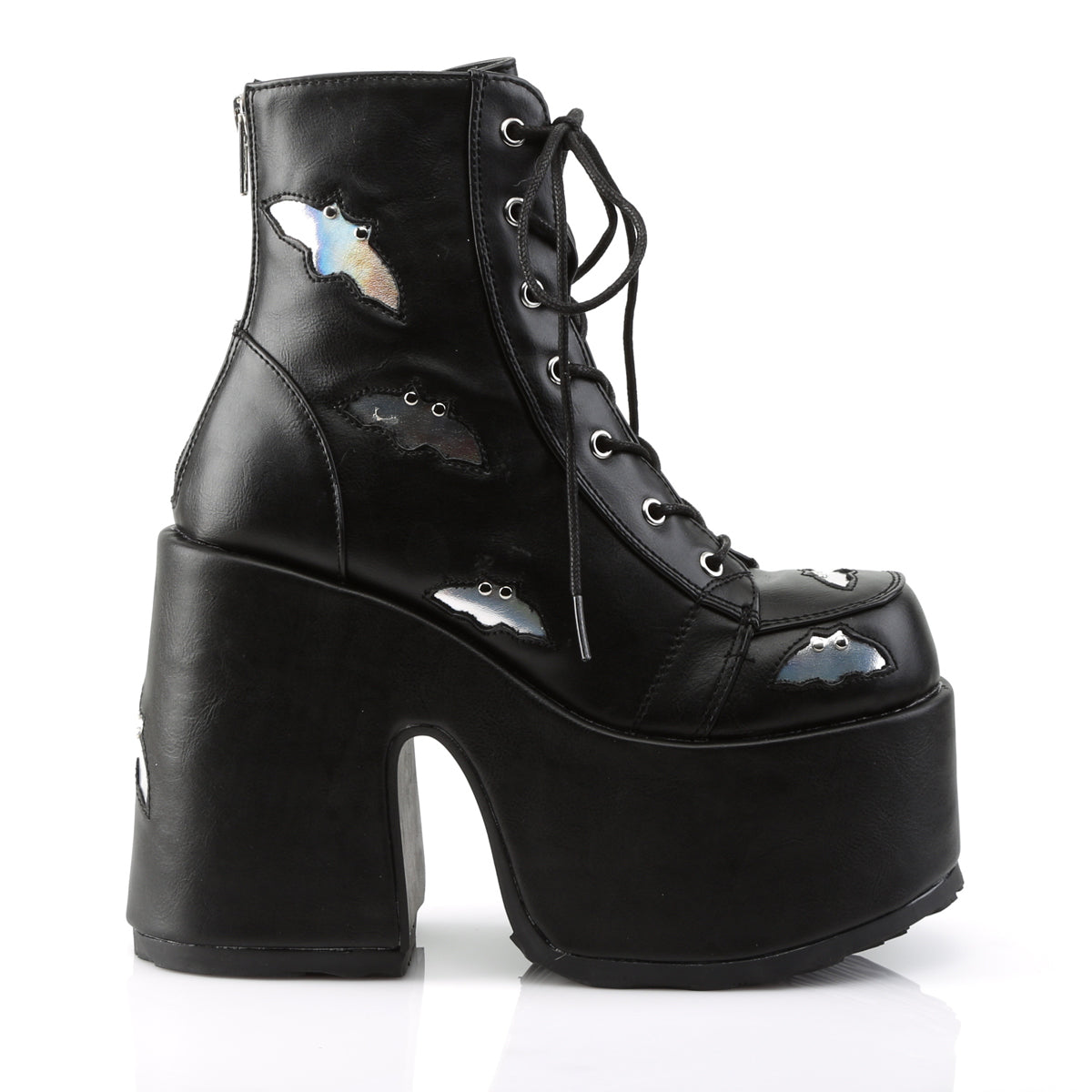 DemoniaCult Womens Ankle Boots CAMEL-201 Blk-Slv Hologram Vegan Leather