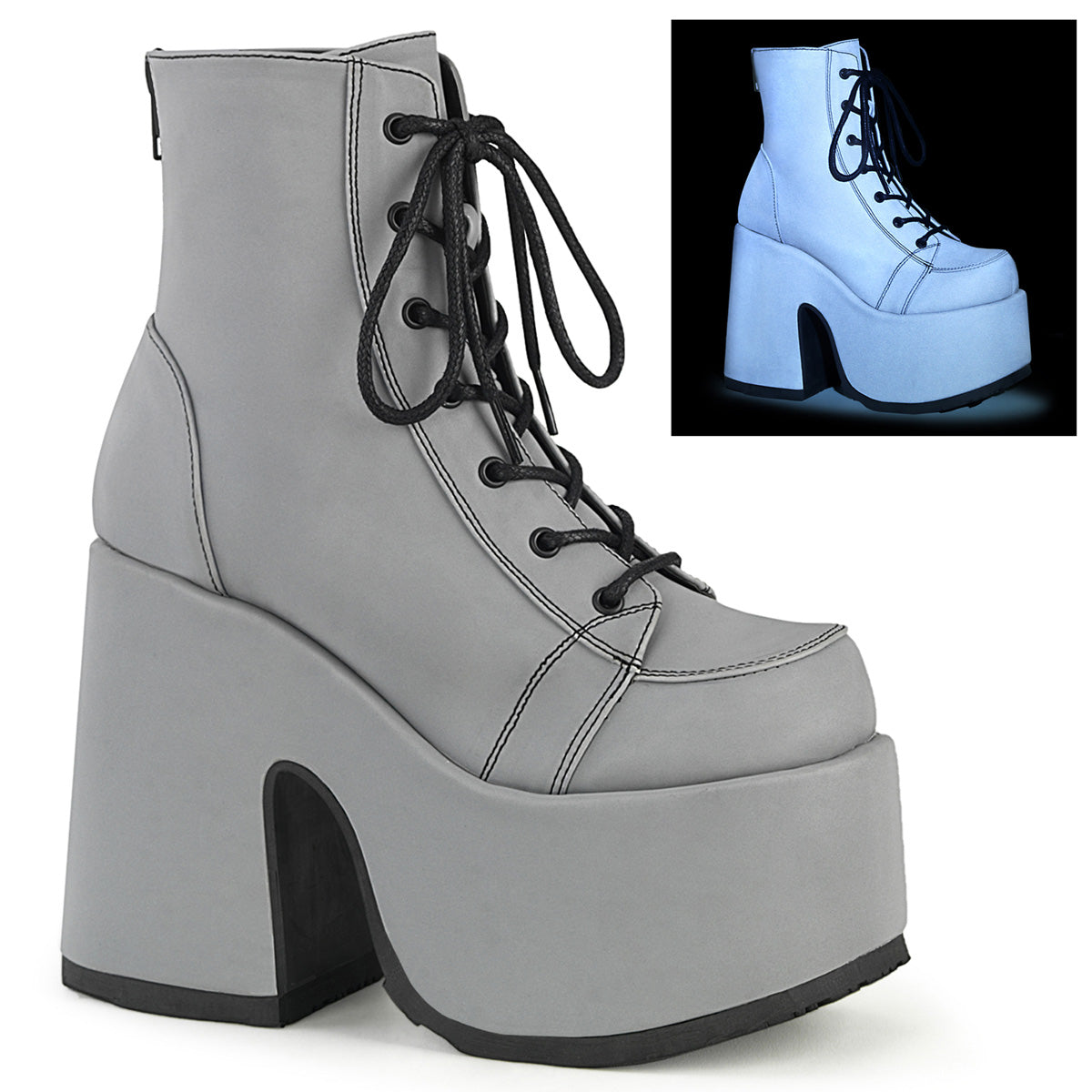 DemoniaCult Womens Ankle Boots CAMEL-203 Grey Reflective Vegan Leather