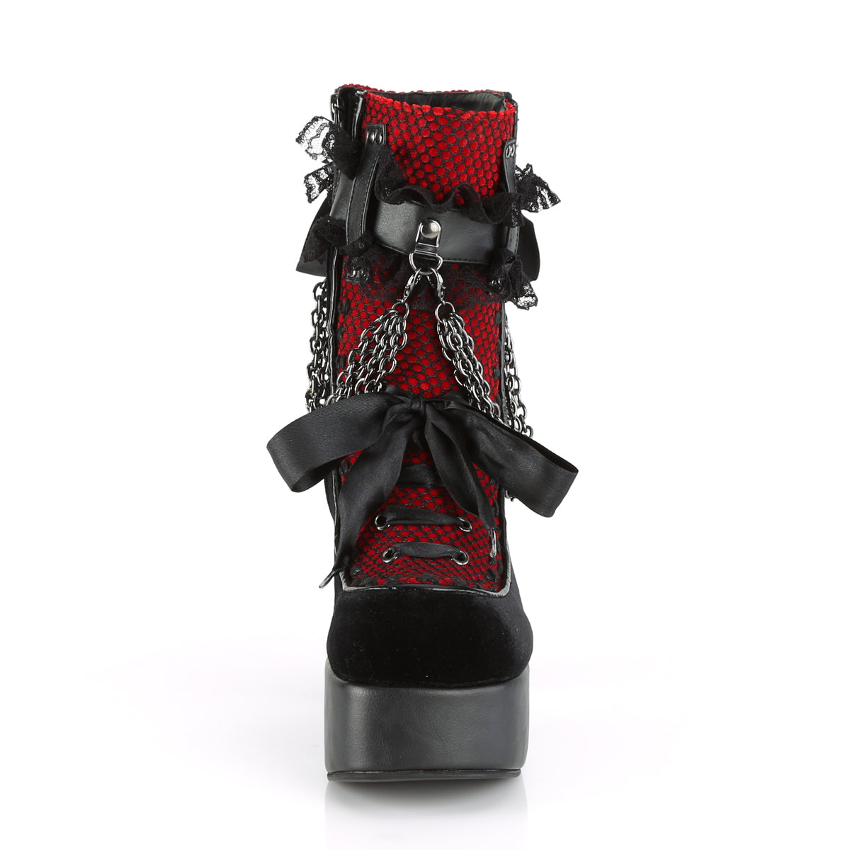 DemoniaCult Womens Ankle Boots CHARADE-110 Blk V. Le-Red-Blk Velvet-Fishnet Overlay