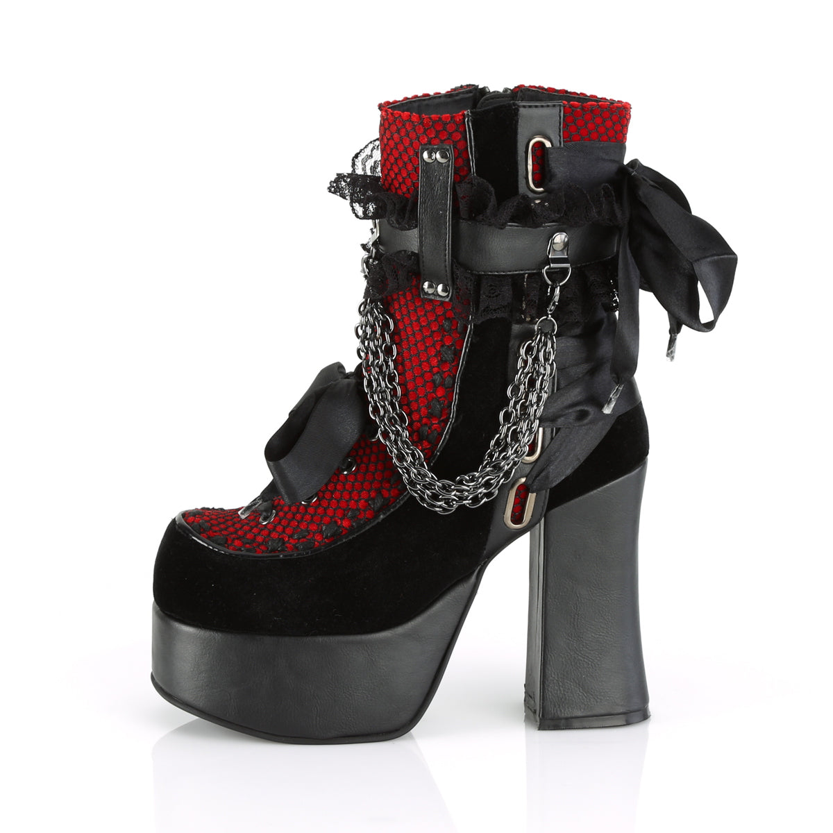 DemoniaCult Womens Ankle Boots CHARADE-110 Blk V. Le-Red-Blk Velvet-Fishnet Overlay