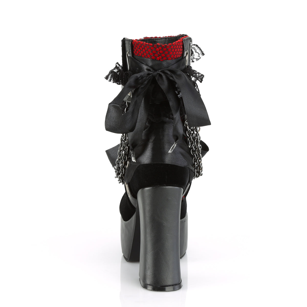 DemoniaCult Womens Ankle Boots CHARADE-110 Blk V. Le-Red-Blk Velvet-Fishnet Overlay